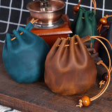 Drawstring Wallet - Leather Drawstring Wallet - Small Organizer for Headphones, Jewelry, and Candy - Coconut Brown - Side View