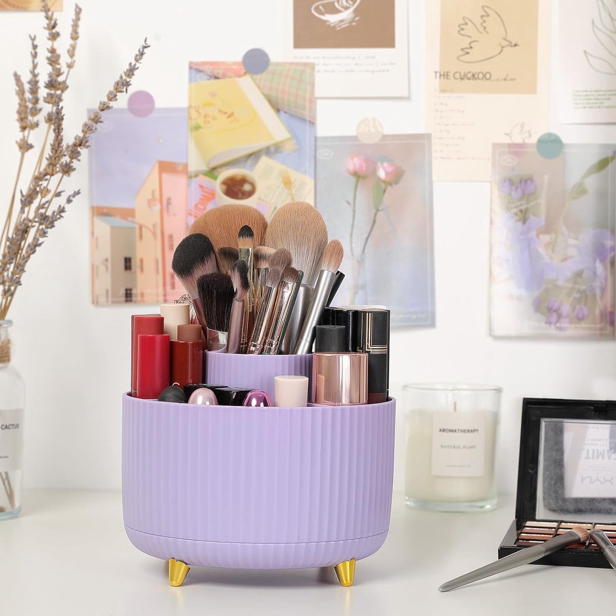 Storage Box - Rotating purple organizer for pens and art supplies - Storage box with compartments - Rotatable - Suitable for offices, schools and homes