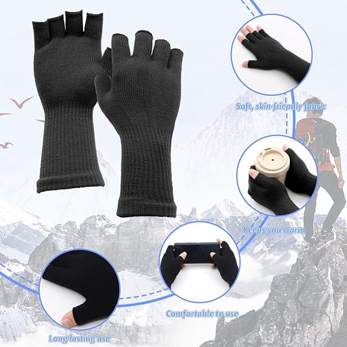 2 pairs of fingerless gloves - plain gloves for fall and winter - warm gloves with half fingers - long knitted - fingerless gloves - one size fits all - wristbands - black and gray