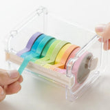 Transparent, visible packaging tape dispenser - holder for cutting tape - organizer, holder for desk and office tape - holder for self-adhesive roll tape dispenser - storage tape, cutting tape - adhesives and fasteners - Front View