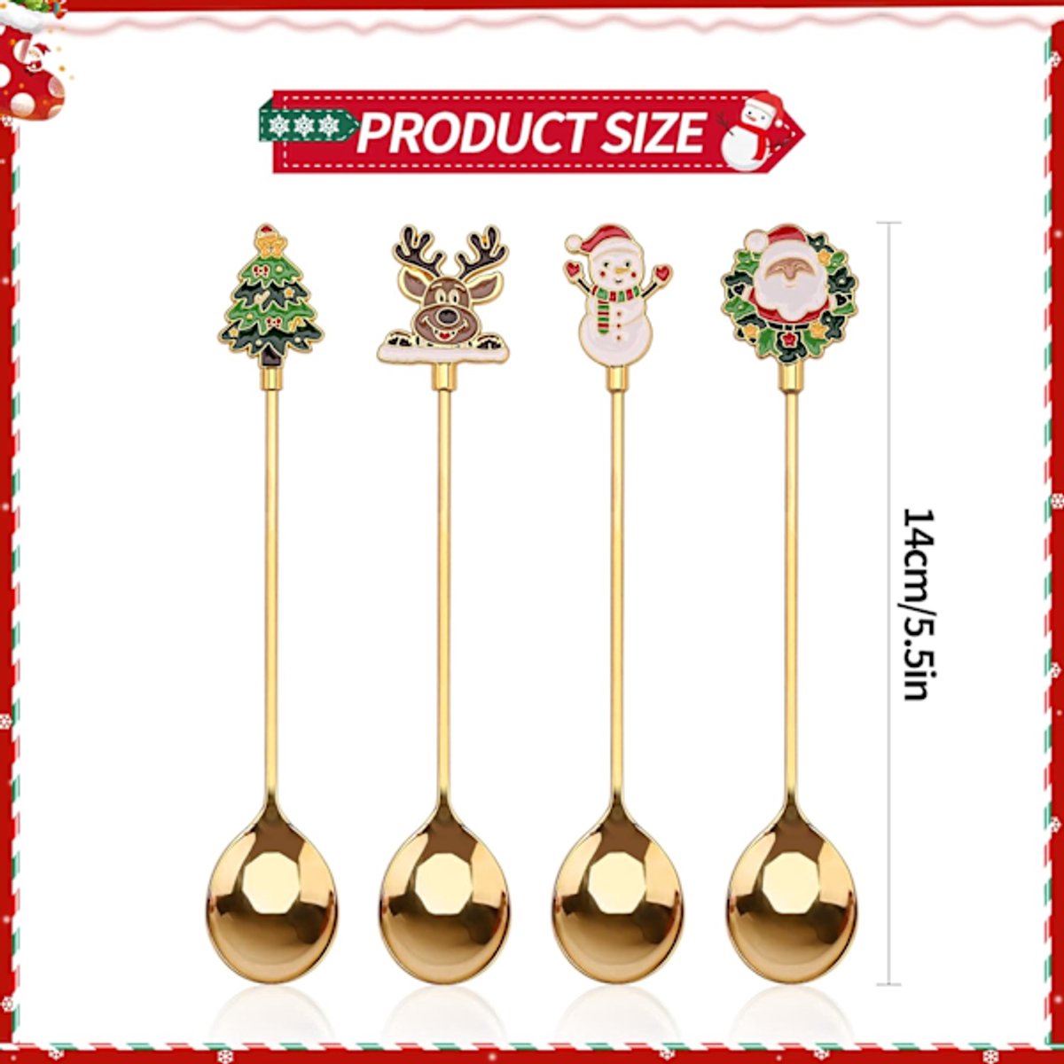 Teaspoons - 4 spoons - Christmas tableware - Silver dessert spoons - Decorated with Christmas trees, reindeer, snowmen and Santa Claus - Suitable for desserts, tea and soup