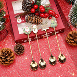 Teaspoons - 4 spoons - Christmas tableware - Silver dessert spoons - Decorated with Christmas trees, reindeer, snowmen and Santa Claus - Suitable for desserts, tea and soup - Top-Down View
