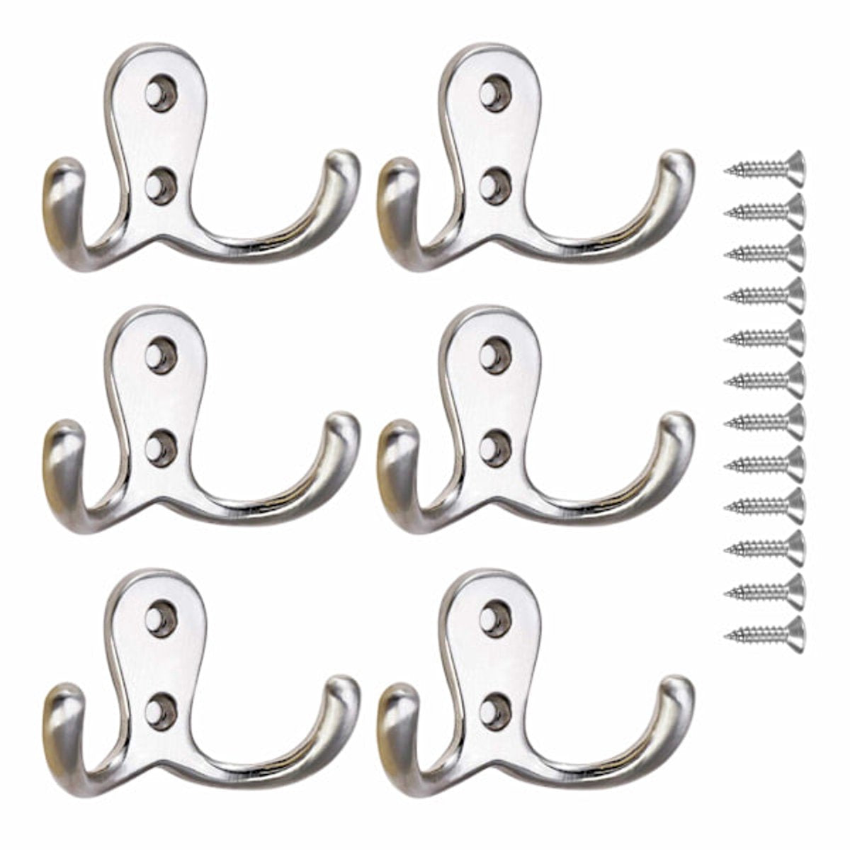 Double Hook - Chrome Double Coated Hook - Clothes - Bathrobe - Towel - Bathroom Bedroom Door Wall 6 Pieces