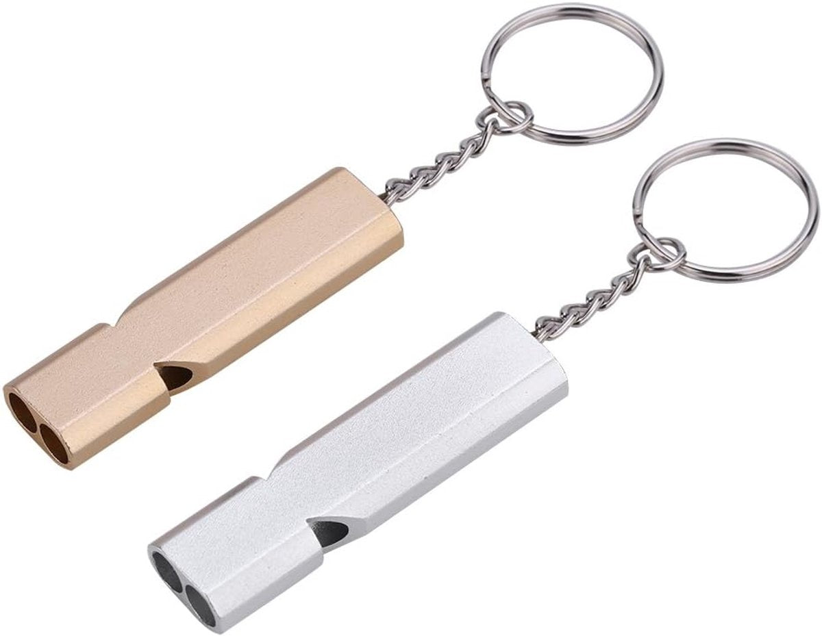 Whistles - Emergency Survival Whistles - Set of 2 - Extra Loud Aluminum Whistles for Outdoor Use - Slim Double-Barrel Rescue Whistles - Suitable for Swim Training, Camping, Hiking, Hunting, Boating and Other Activities (Gold + Silver)