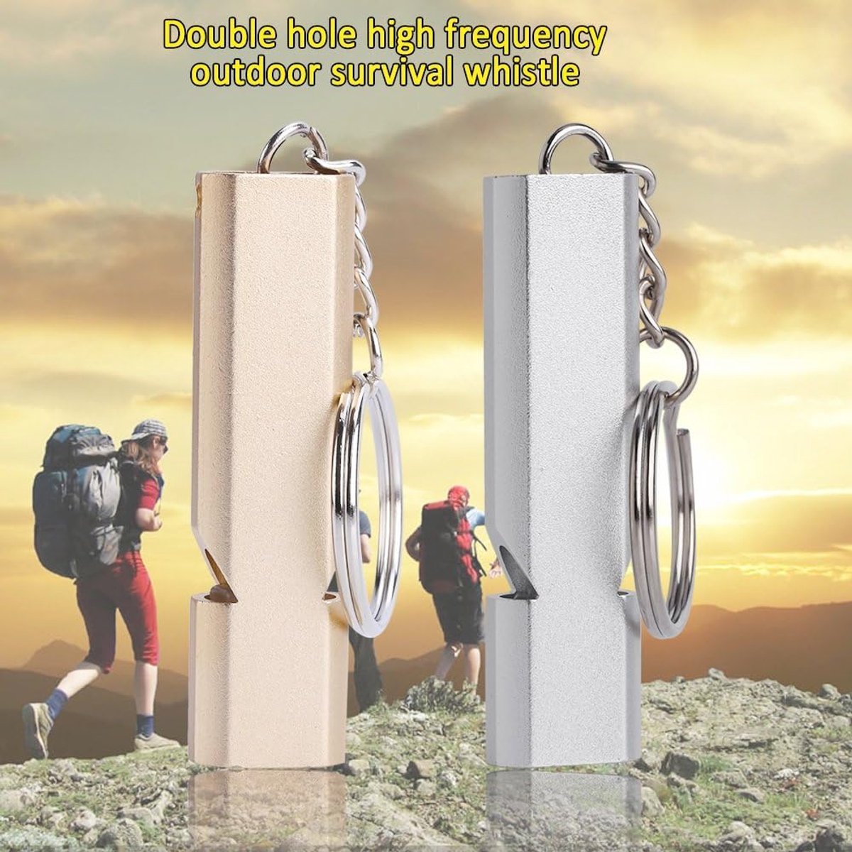 Whistles - Emergency Survival Whistles - Set of 2 - Extra Loud Aluminum Whistles for Outdoor Use - Slim Double-Barrel Rescue Whistles - Suitable for Swim Training, Camping, Hiking, Hunting, Boating and Other Activities (Gold + Silver)