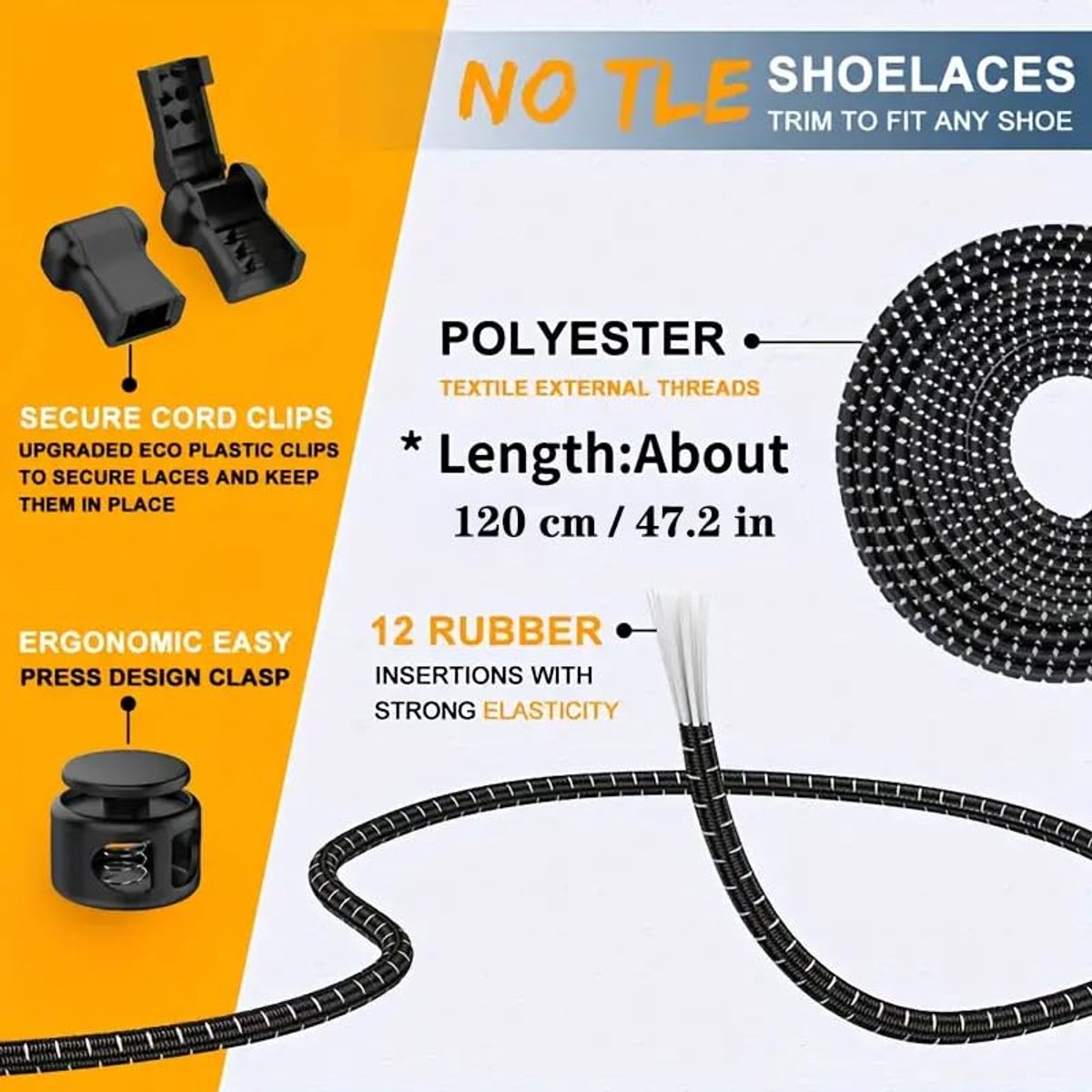Sneaker Laces 120CM suitable for Sneakers - Elastic laces without a knot - Suitable for students and adults - With strong buckle and quick-release function (Black)