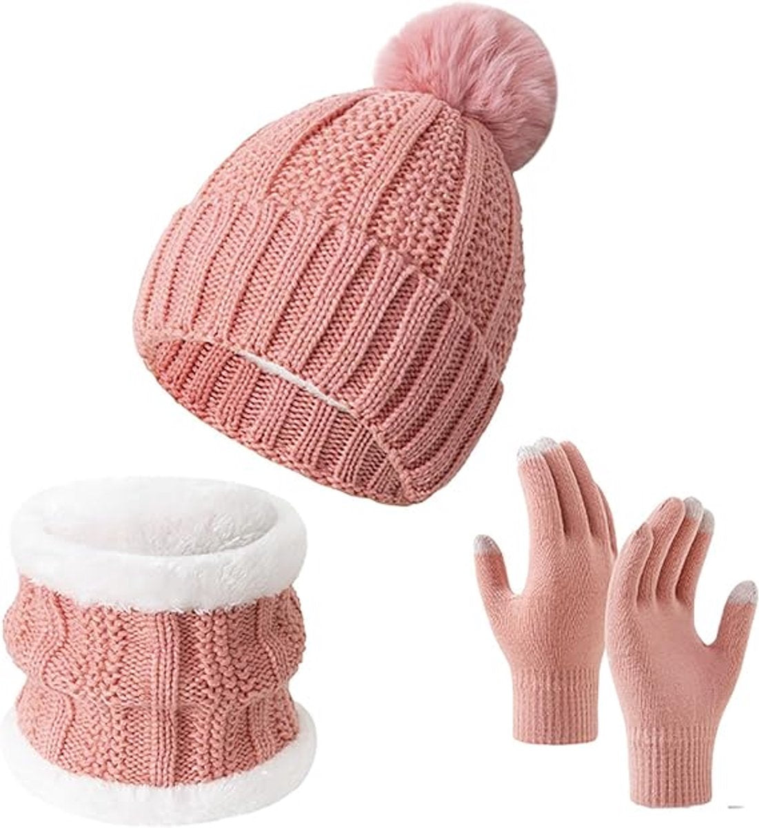 Gloves, hat and scarf - three-piece set - winter knitwear - lined with fleece and thickened - warm and cold resistant - pink