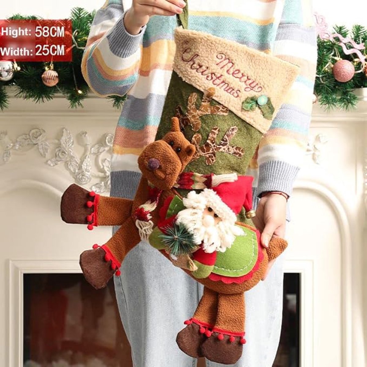 Gift Bags - 23 Inch Christmas Stockings - Santa and Reindeer Pattern - Extra Soft Plush Cuff - Classic Christmas Stocking Decoration - Perfect for Family Holiday Decor（A）