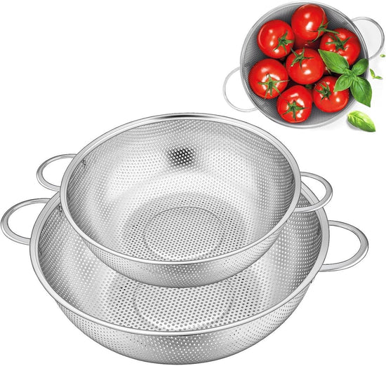 2-piece vegetable draining rack set made of stainless steel - with handles - drip tray on top - suitable for draining pasta, vegetables, fruit and rice - dishwasher safe - 2-piece set - diameters 22.5 cm and 19.5 cm