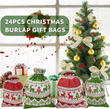 Christmas linen gift bags - 24 pieces - 10x14cm - Christmas decoration for indoors - Reusable - Christmas candy bags with drawstring - Suitable for gift bags for children's parties during the Christmas holidays - Front View