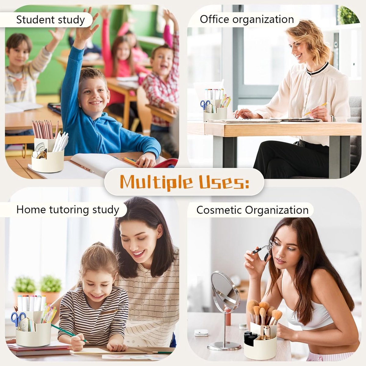 Desktop Rotating Pencil Holder - 3-Compartment Rotating Pencil Holder - Pencil Organizer - 360 Degree Rotating Office Supplies Organizer - for Pencils, Crayons & Office Supplies (White)