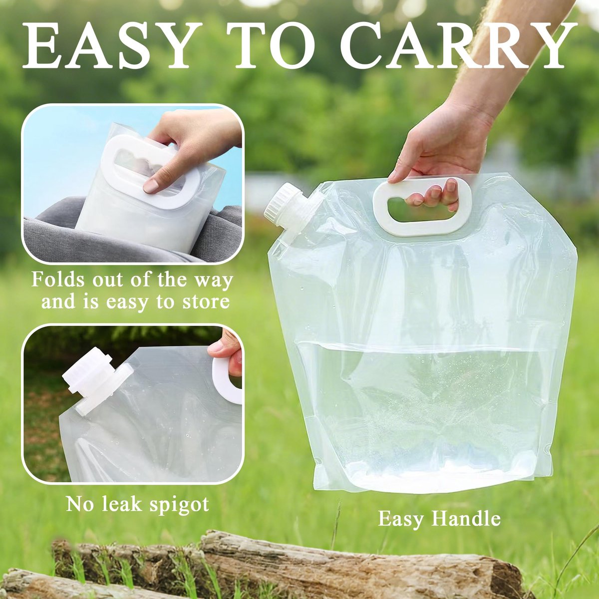 5L Collapsible Water Bag - Portable Water Container - Water Bottle - Kettle - 4-Pack Collapsible Water Jugs - Clear Plastic Water Bag with Handle for Camping, Emergencies, Hiking - Leak-Proof, Freezable Collapsible Water Container Bags