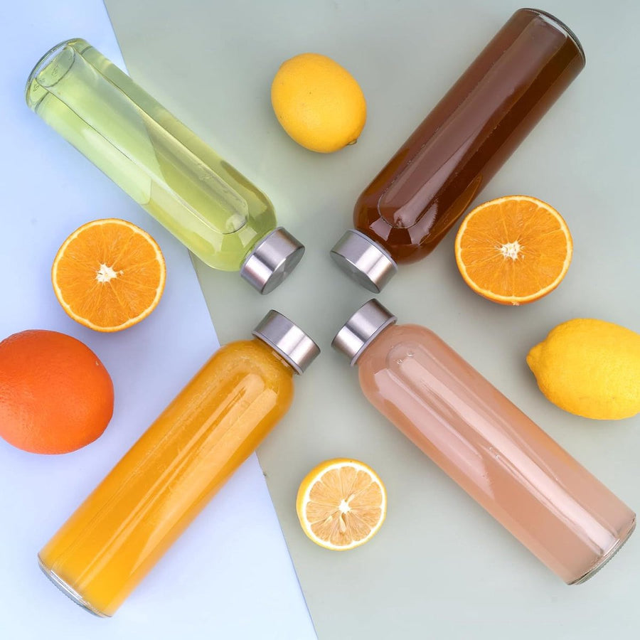 Glass Bottles - Set of 6 - 16oz Glass Juice Bottles for Drinking, Juicing & Tea Brewing with Lids - Leak-proof Set for Fridge Storage
