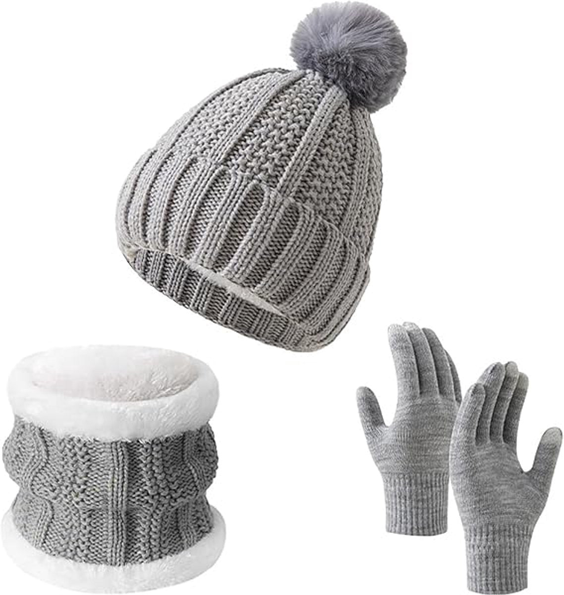 Gloves, hat and scarf - three-piece set - winter knitwear - lined with fleece and thickened - warm and cold resistant - gray