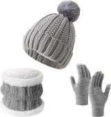 Gloves, hat and scarf - three-piece set - winter knitwear - lined with fleece and thickened - warm and cold resistant - gray