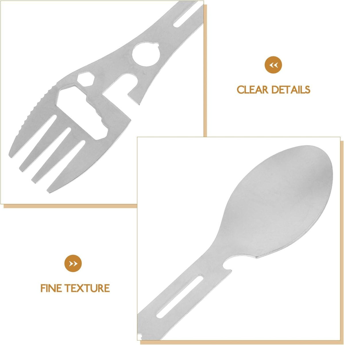 Stainless Steel Spoon and Fork - 10-in-1 Multi-Tool - Works as a combination spoon, fork, knife, bottle opener, and wrench - ideal for picnics, travel, backpacking, hiking, and fishing - Silver