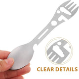 Stainless Steel Spoon and Fork - 10-in-1 Multi-Tool - Works as a combination spoon, fork, knife, bottle opener, and wrench - ideal for picnics, travel, backpacking, hiking, and fishing - Silver - Side View