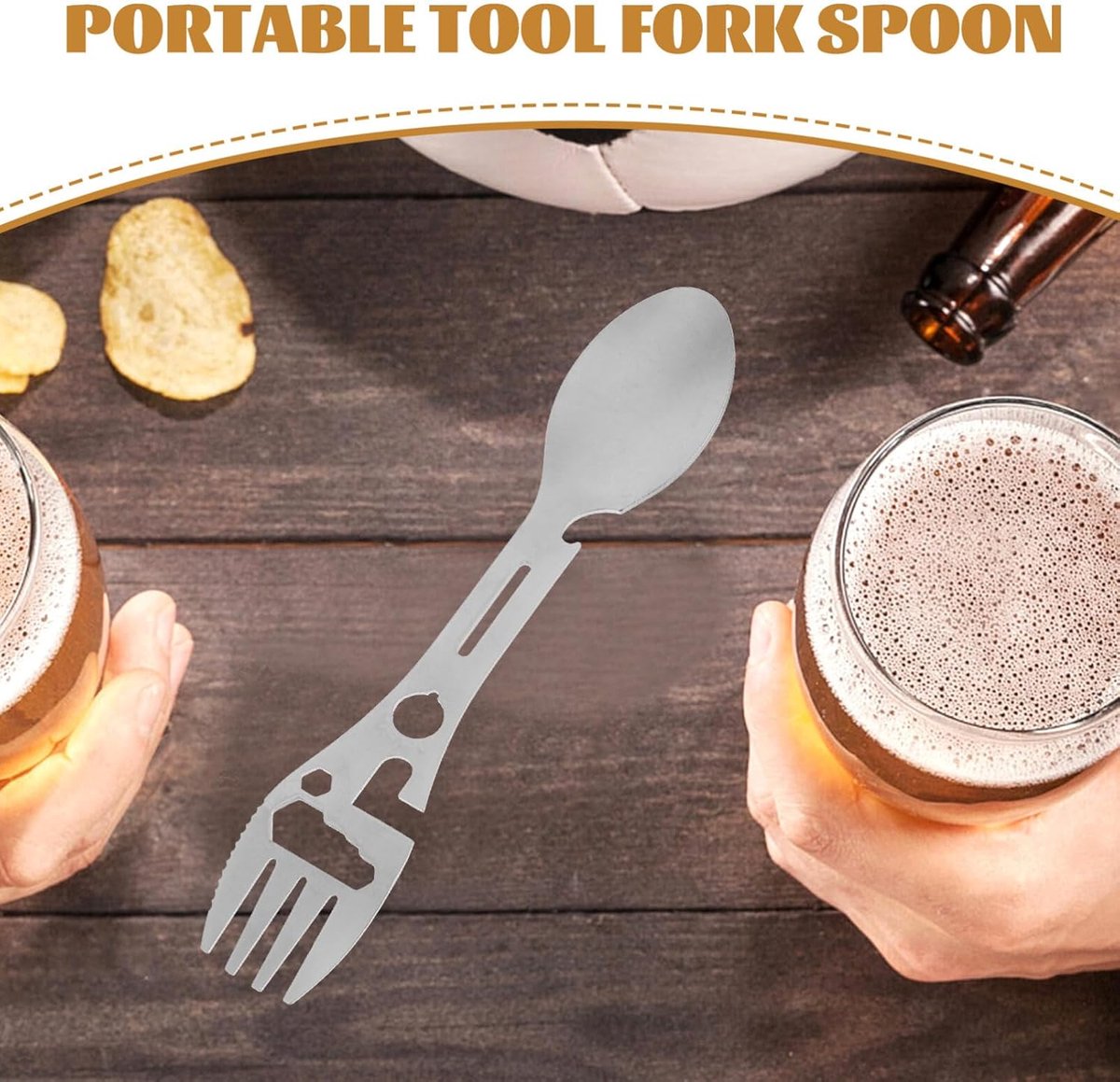 Stainless Steel Spoon and Fork - 10-in-1 Multi-Tool - Works as a combination spoon, fork, knife, bottle opener, and wrench - ideal for picnics, travel, backpacking, hiking, and fishing - Silver
