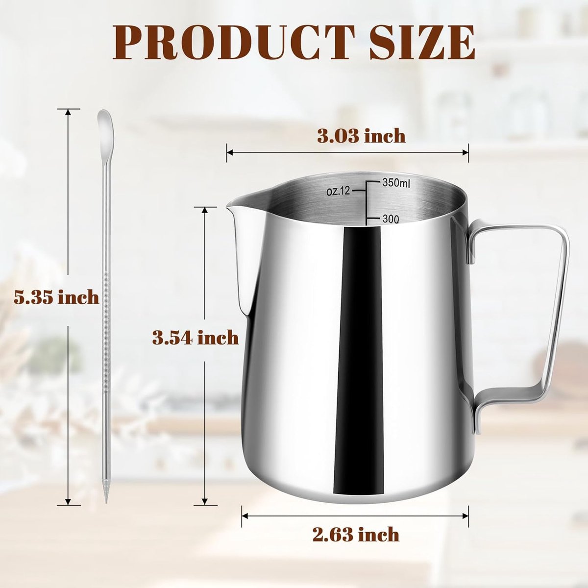 Milk Frothing Cup - 350ml Milk Frothing Cup - Clear Markings - Cappuccino Espresso Machine Accessory Made of Stainless Steel 304 - Suitable for Barista Coffee Shops - With Latte Art Pen - Silver