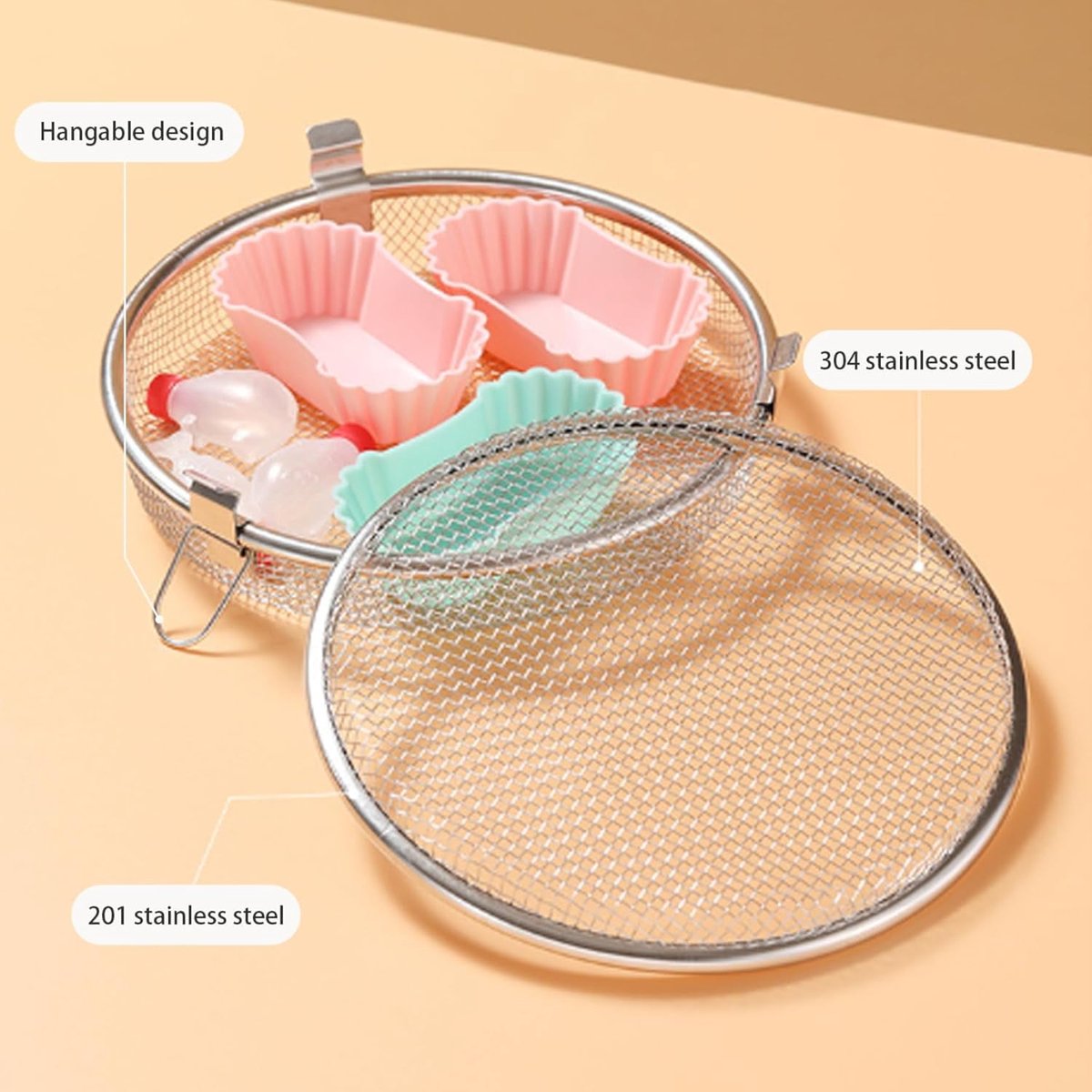 Dishwasher Basket for Small Items - Stainless Steel with 3 Buckles - Dishwasher Basket with Fine Mesh - Odorless - Round Shape - Scratch Resistant - Dishwasher Basket