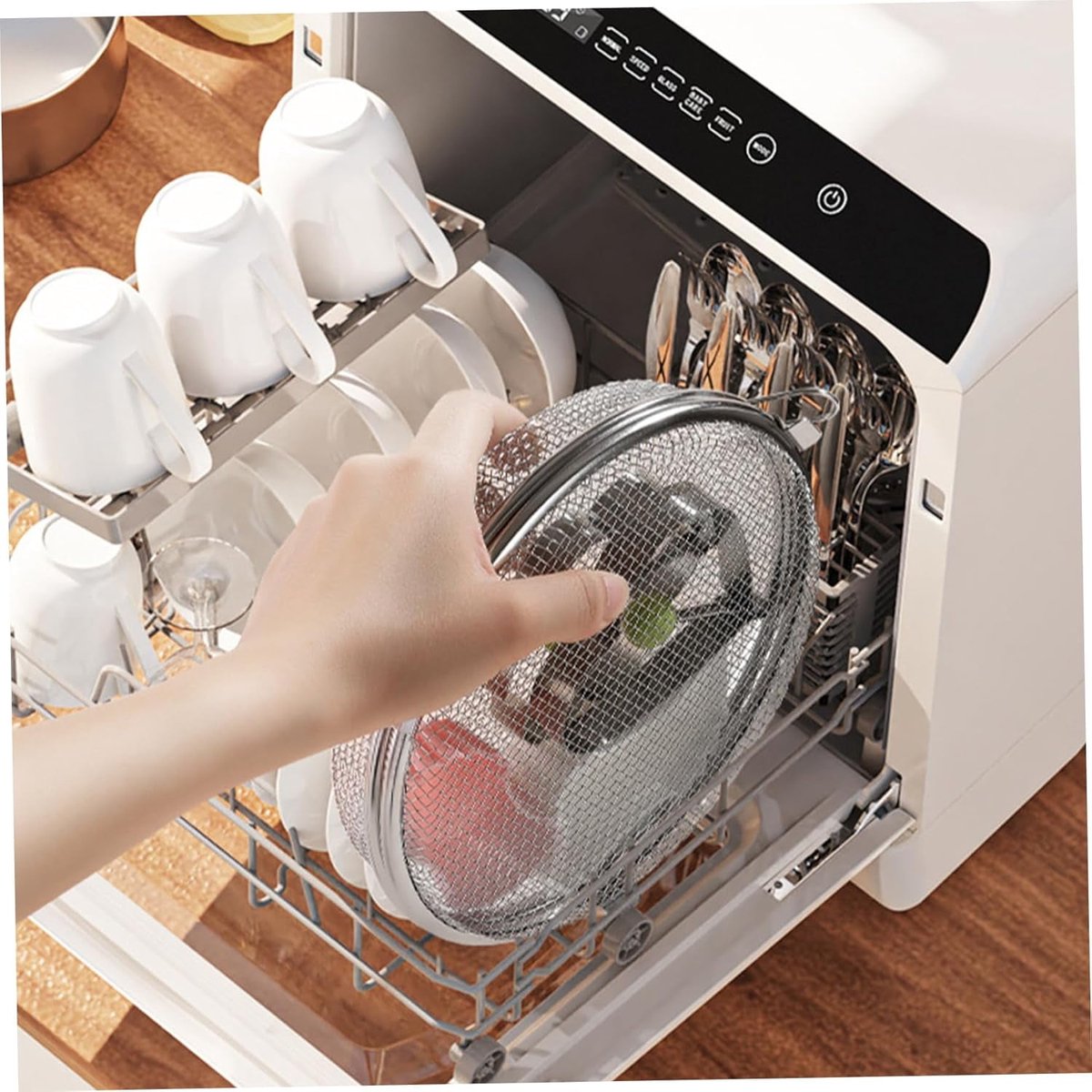 Dishwasher Basket for Small Items - Stainless Steel with 3 Buckles - Dishwasher Basket with Fine Mesh - Odorless - Round Shape - Scratch Resistant - Dishwasher Basket