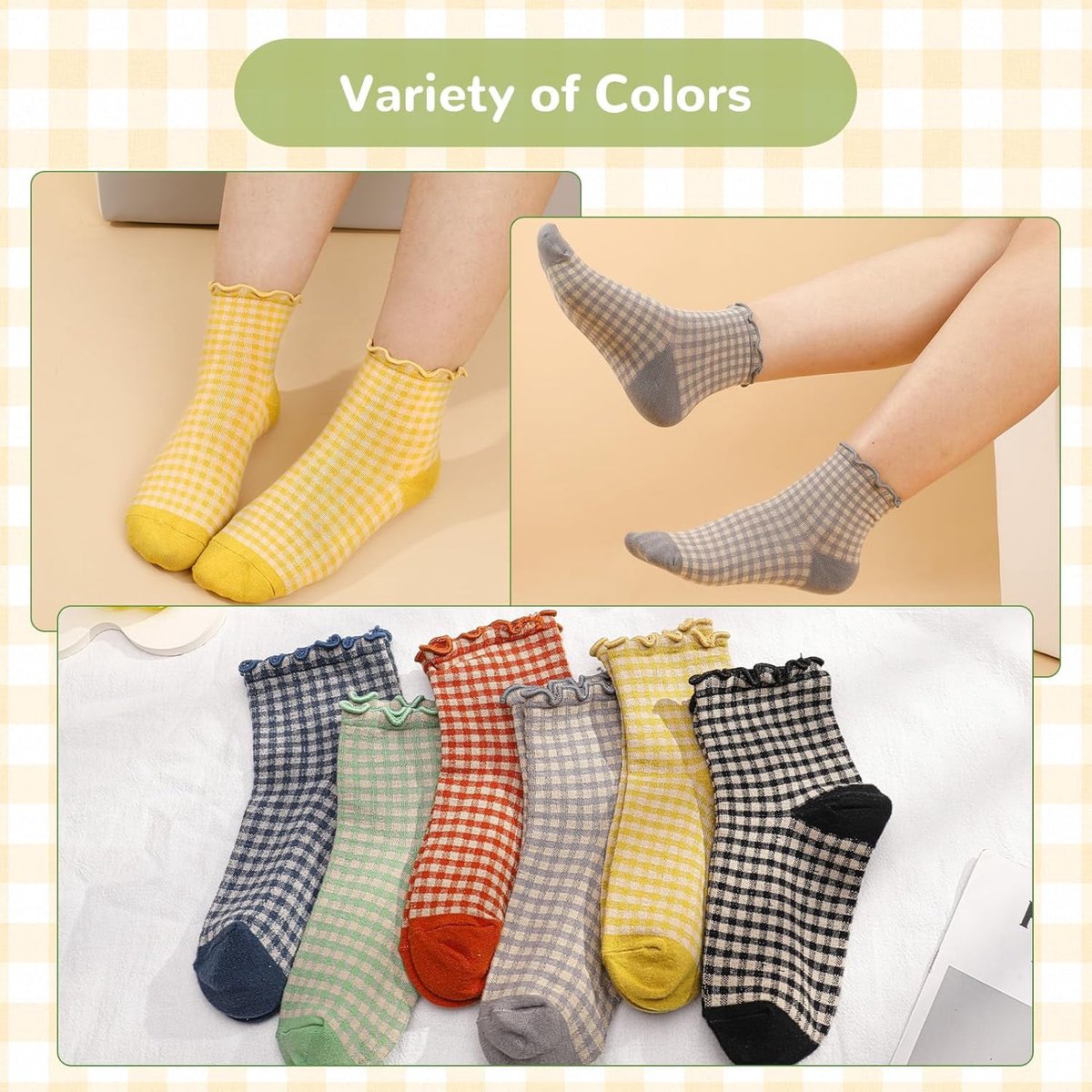 Socks - 6 Pairs of Pleated Socks for Women, Striped Pleated Socks, Cute Socks for Women - Checked Socks - Ankle Socks for Women - Cotton Knitted Socks - Sizes 5-9