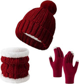 Gloves, hat and scarf - three-piece set - winter knitwear - fleece lined and thickened - warm and cold resistant - Claret