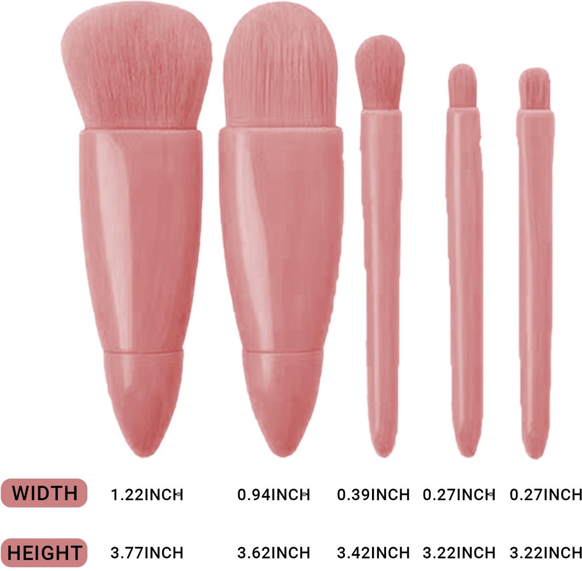 Makeup Brush Set - 5-Pack - Portable - Travel Makeup Brush Set with Mirror Case - Professional Foundation Brush, Eyeshadow Brush, and Blending Brush for Women - Lotus Pink