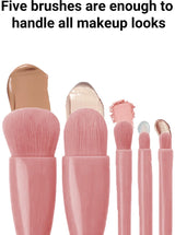 Makeup Brush Set - 5-Pack - Portable - Travel Makeup Brush Set with Mirror Case - Professional Foundation Brush, Eyeshadow Brush, and Blending Brush for Women - Lotus Pink - Top-Down View
