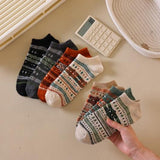 Socks - Fall/Winter Vintage Ethnic Striped Mid-Calf Socks - Breathable - Comfortable - Maillard - Crew Socks (7 Pairs) - Top-Down View