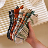 Socks - Fall/Winter Vintage Ethnic Striped Mid-Calf Socks - Breathable - Comfortable - Maillard - Crew Socks (7 Pairs) - 45-Degree Angle