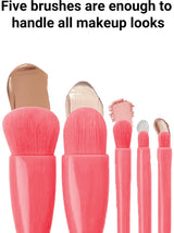 Makeup Brush Set - 5-Pack - Portable - Travel Makeup Brush Set with Mirror Case - Professional Foundation Brush, Eyeshadow Brush, and Blending Brush for Women - Pink - Top-Down View
