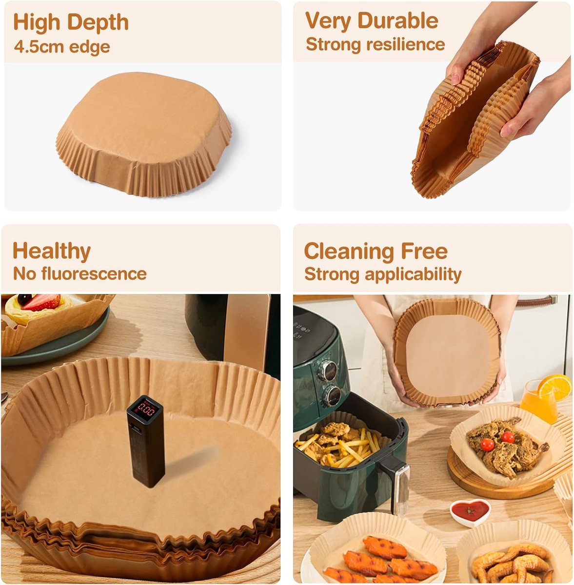 Airfryer Paper (100 sheets) - Airfryer Paper Mat 20 cm - Non-stick Airfryer Paper - Baking Mat - BPA-free - Suitable for 3-6 litre ovens - Baking Tray - Microwave-safe (square)
