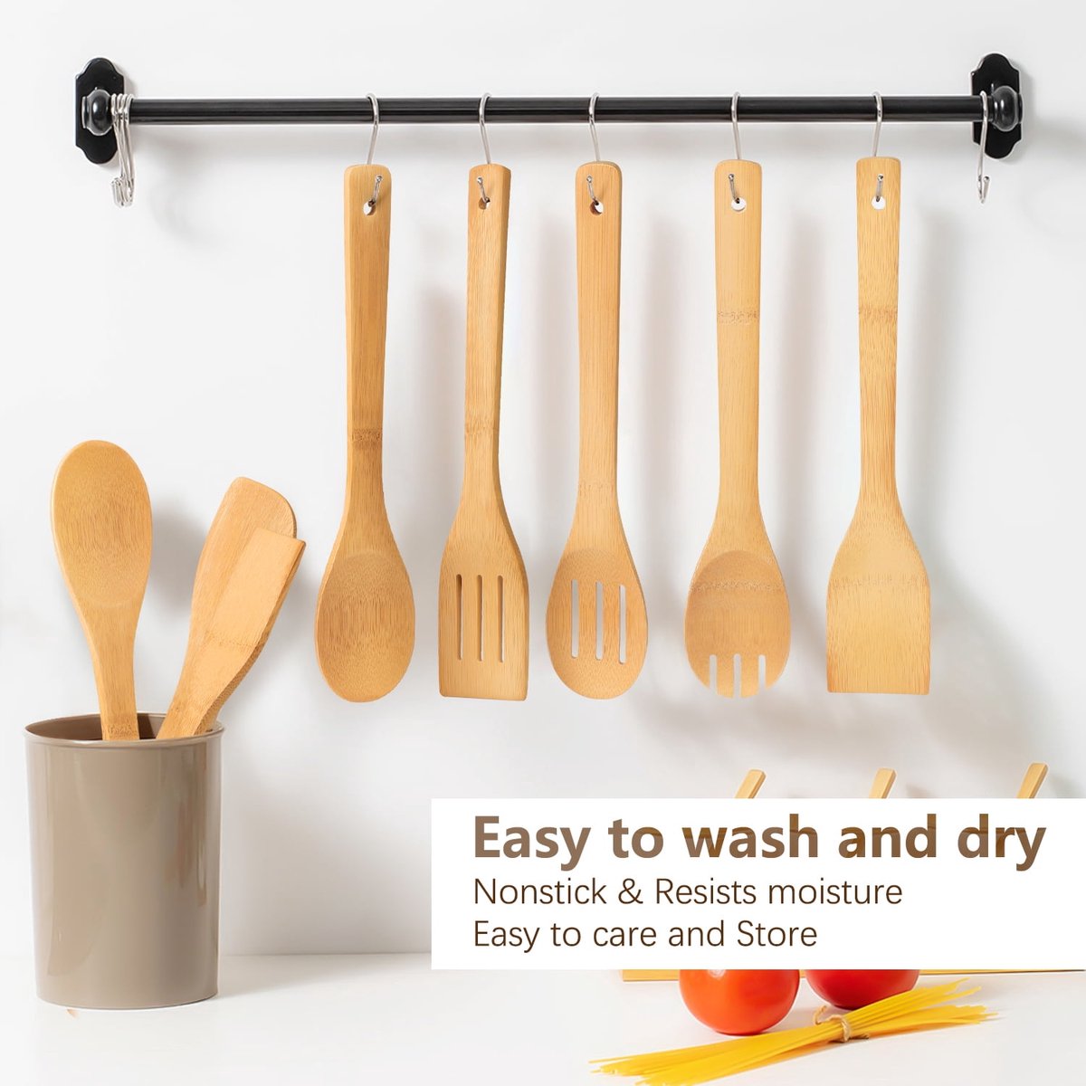 cookware set - 6-piece bamboo spatula and spoon set - Suitable for cooking - Wooden cookware
