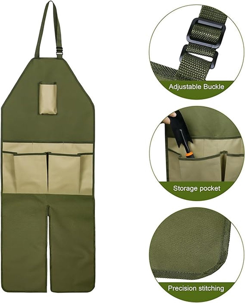 One-Piece Garden Apron - Men's Apron - Harvest Apron with Pockets - Waterproof - Adjustable, Knee-Reinforced - Suitable for Mowing and Grass Trimming (Green + Khaki)