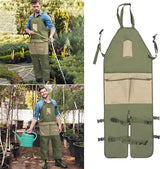One-Piece Garden Apron - Men's Apron - Harvest Apron with Pockets - Waterproof - Adjustable, Knee-Reinforced - Suitable for Mowing and Grass Trimming (Green + Khaki) - Top-Down View