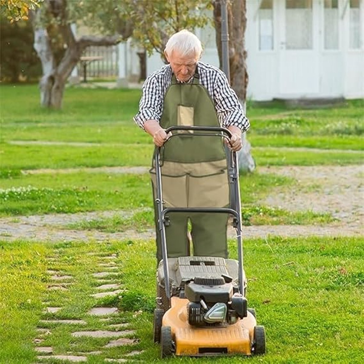 One-Piece Garden Apron - Men's Apron - Harvest Apron with Pockets - Waterproof - Adjustable, Knee-Reinforced - Suitable for Mowing and Grass Trimming (Green + Khaki)