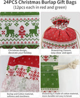 Christmas linen gift bags - 24 pieces - 13x18cm - Christmas decoration for indoors - Reusable - Christmas candy bags with drawstring - Suitable for gift bags for children's parties during the Christmas holidays