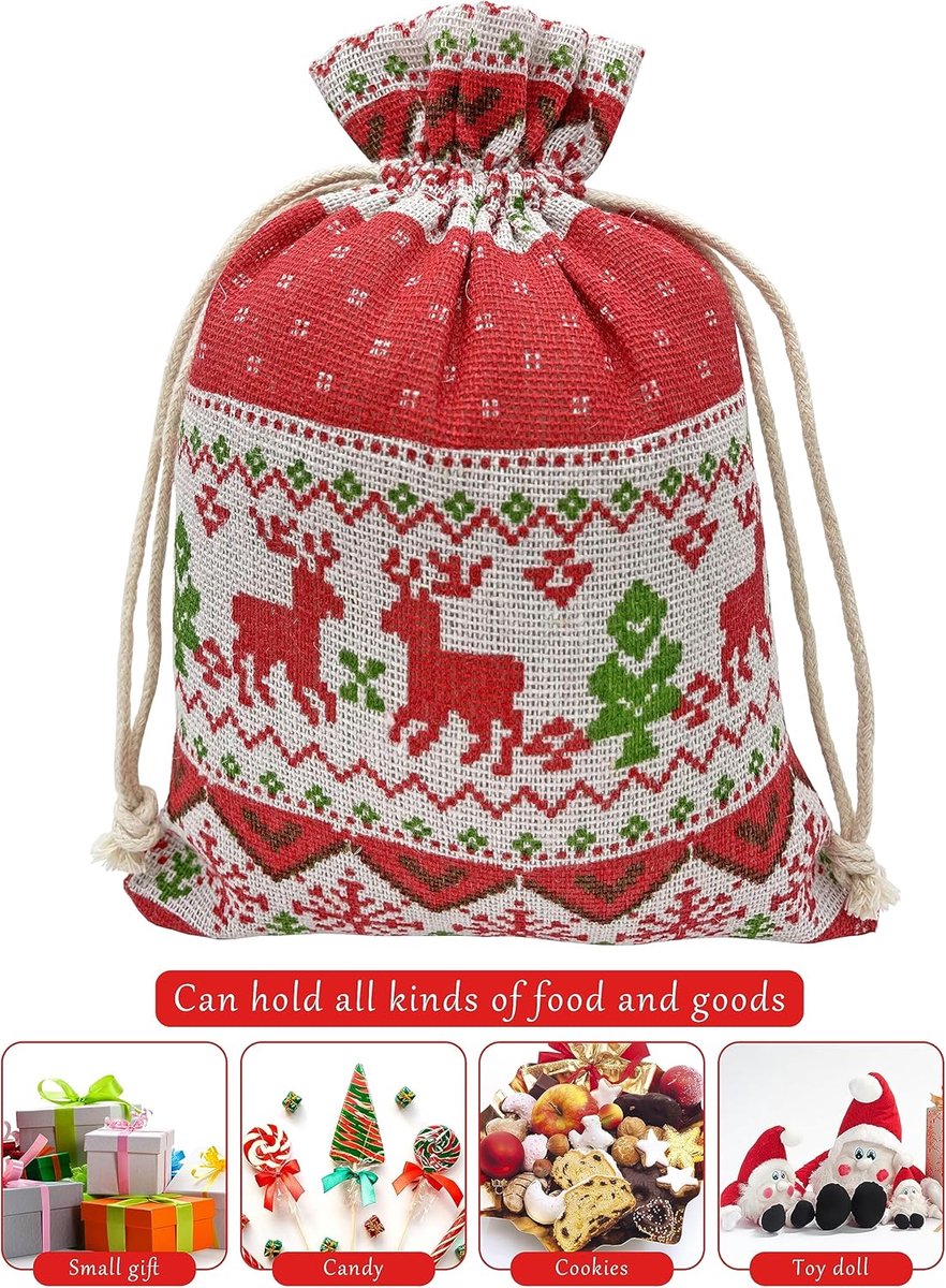 Christmas linen gift bags - 24 pieces - 13x18cm - Christmas decoration for indoors - Reusable - Christmas candy bags with drawstring - Suitable for gift bags for children's parties during the Christmas holidays