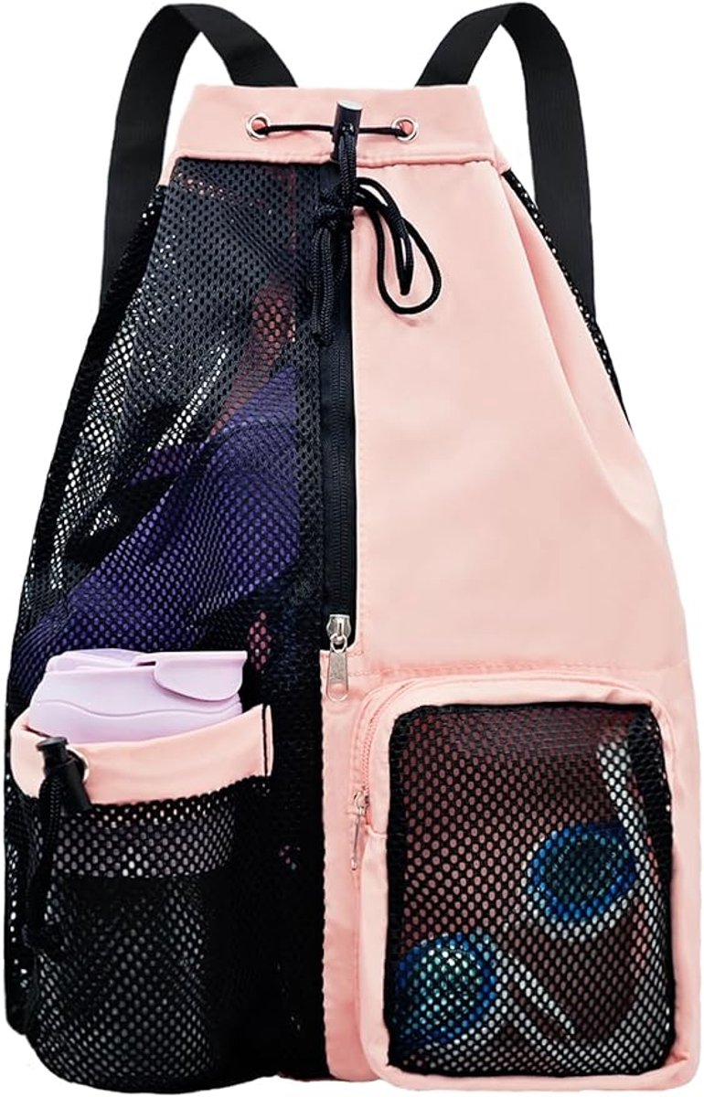 Backpack - Sports Bag - Travel Bag - Training Bag - Swimming Bag - 30*15*45cm - Mesh Material - Drawstring Design - Side Storage Space - Unisex - Suitable for Fitness, Swimming, Travel, Dancing, Camping（Pink）
