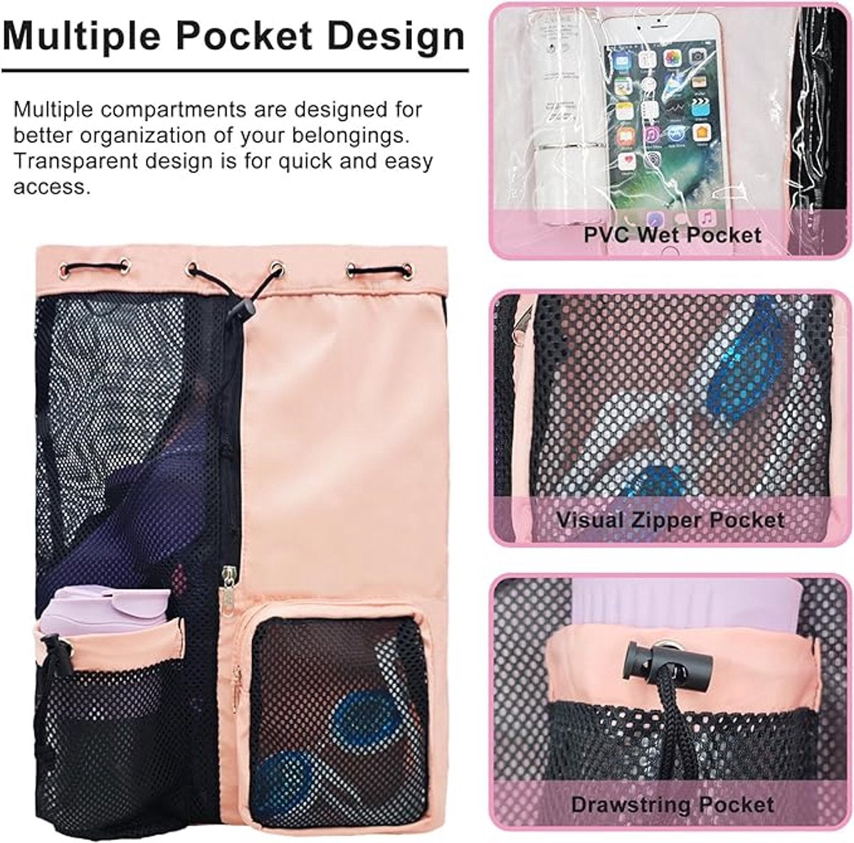 Backpack - Sports Bag - Travel Bag - Training Bag - Swimming Bag - 30*15*45cm - Mesh Material - Drawstring Design - Side Storage Space - Unisex - Suitable for Fitness, Swimming, Travel, Dancing, Camping（Pink）