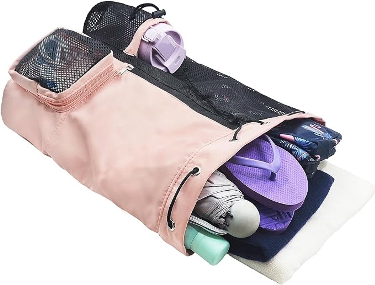 Backpack - Sports Bag - Travel Bag - Training Bag - Swimming Bag - 30*15*45cm - Mesh Material - Drawstring Design - Side Storage Space - Unisex - Suitable for Fitness, Swimming, Travel, Dancing, Camping（Pink）