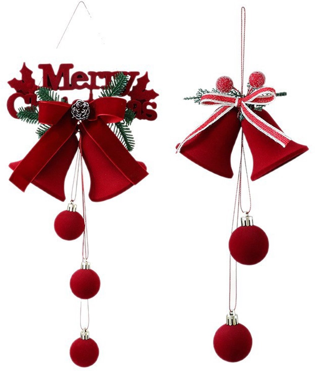 Christmas Bells - Decorative Pendant - Christmas Bells with Flock Print - Christmas Tree Decoration Display - Hanging Ornaments - 2 Pieces