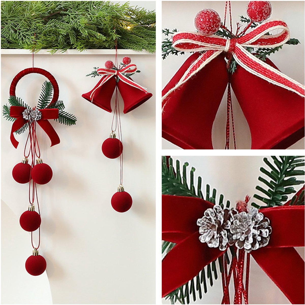 Christmas Bells - Decorative Pendant - Christmas Bells with Flock Print - Christmas Tree Decoration Display - Hanging Ornaments - 2 Pieces