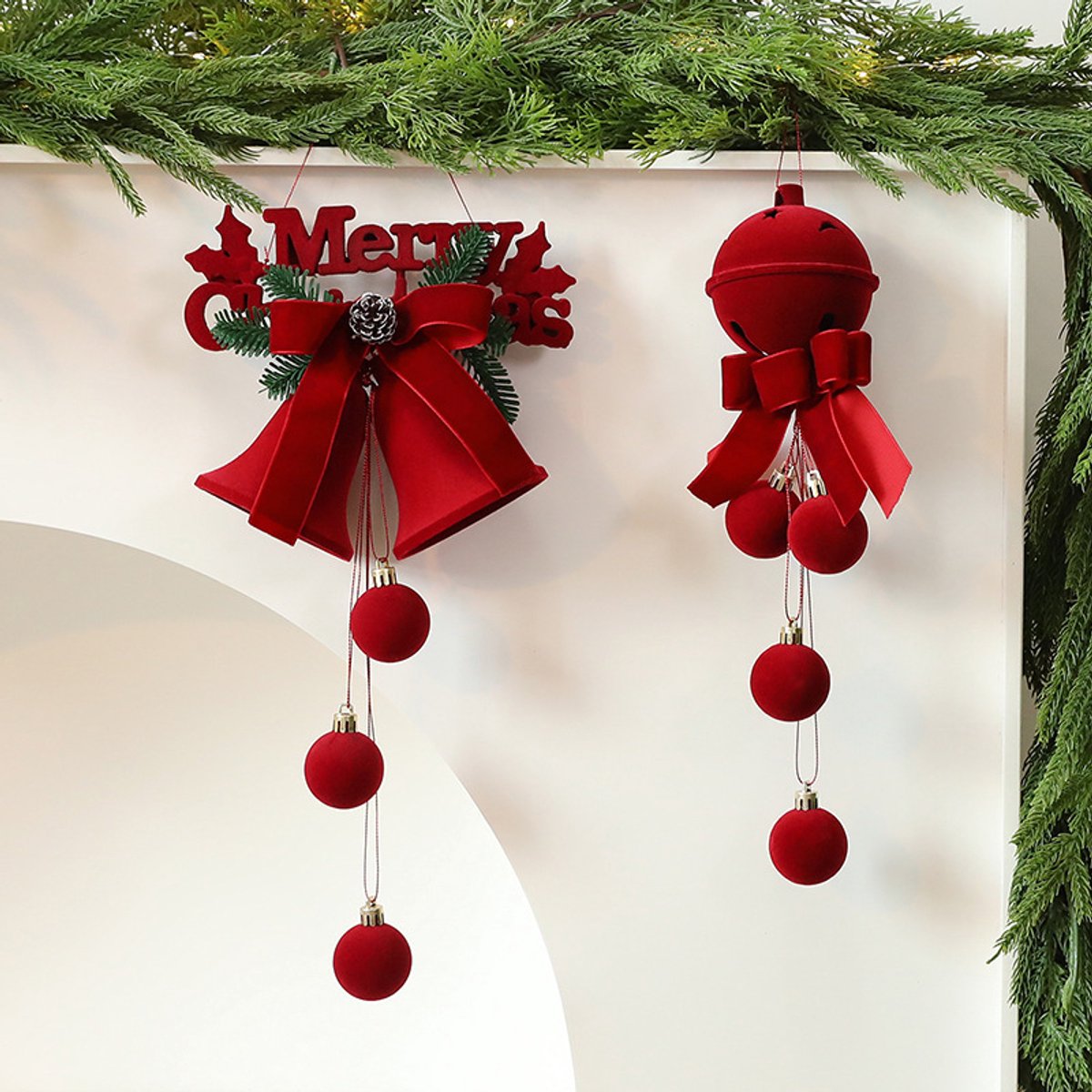 Christmas Bells - Decorative Pendant - Christmas Bells with Flock Print - Christmas Tree Decoration Display - Hanging Ornaments - 2 Pieces