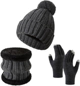 Gloves, hat and scarf - three-piece set - winter knitwear - lined with fleece and thickened - warm and cold resistant - dark gray
