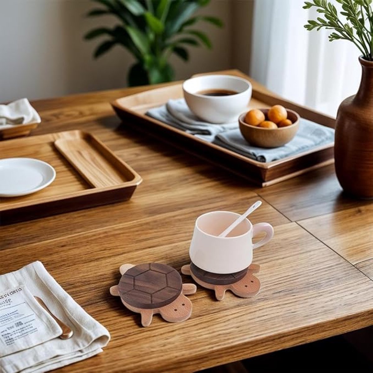 Coasters - Cute coasters - wood - With a stylish turtle design - A fun desk decoration - Perfect for storing all kinds of cups, cutlery and kitchen utensils.