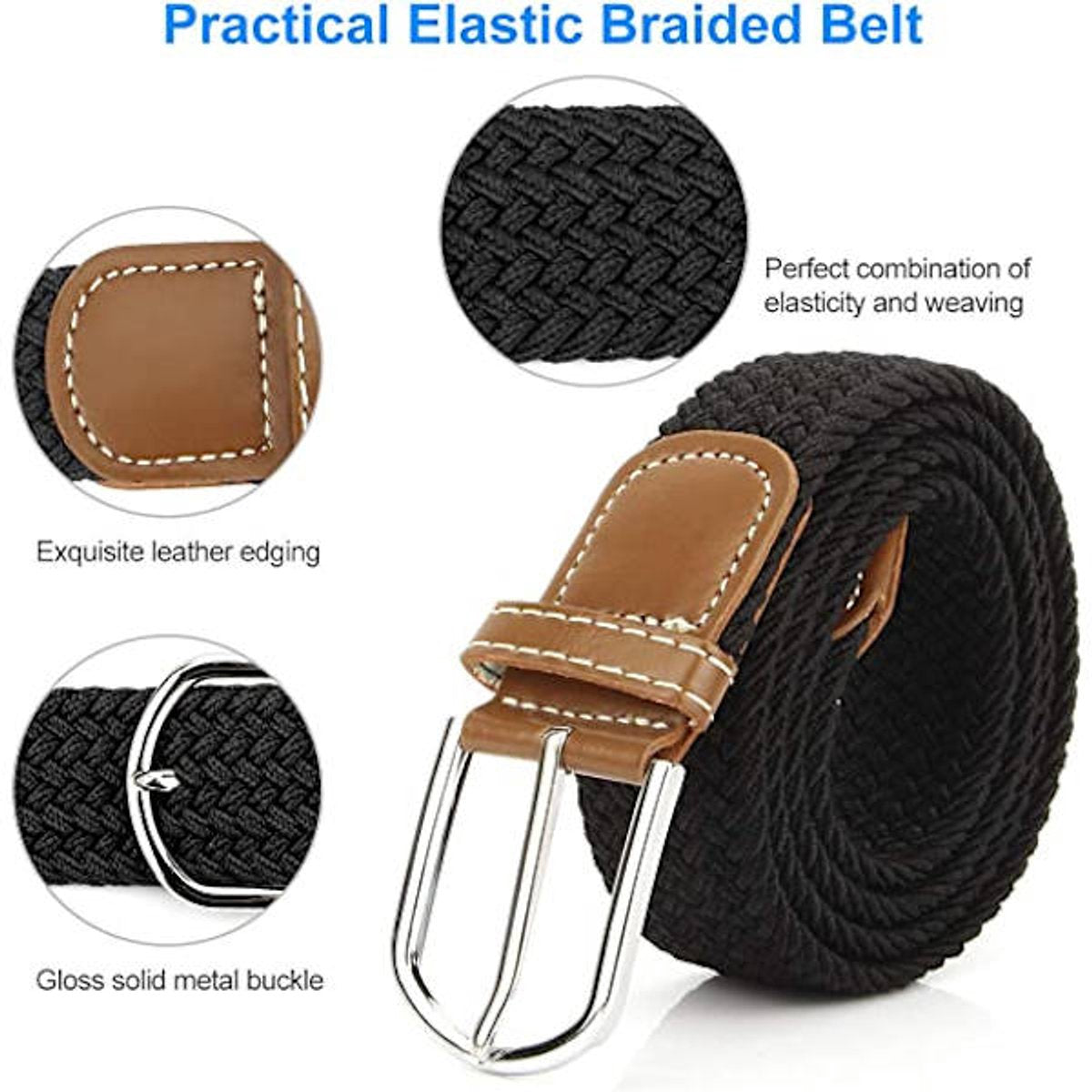 Women's Braided Belt - Stretch Canvas - Elastic Waistband - 2-Pack - No Holes