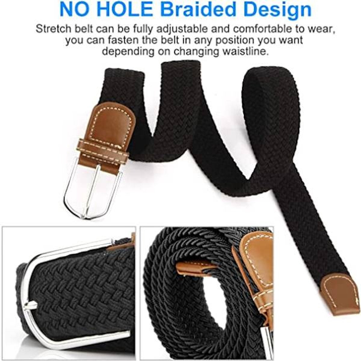Women's Braided Belt - Stretch Canvas - Elastic Waistband - 2-Pack - No Holes