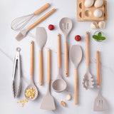 Set of 12 Silicone Kitchen Utensils with Wooden Handle - Storage Bucket - Non-Stick Pan & Kitchen Utensils - Cooking Spatula and Spoon Set - Front View